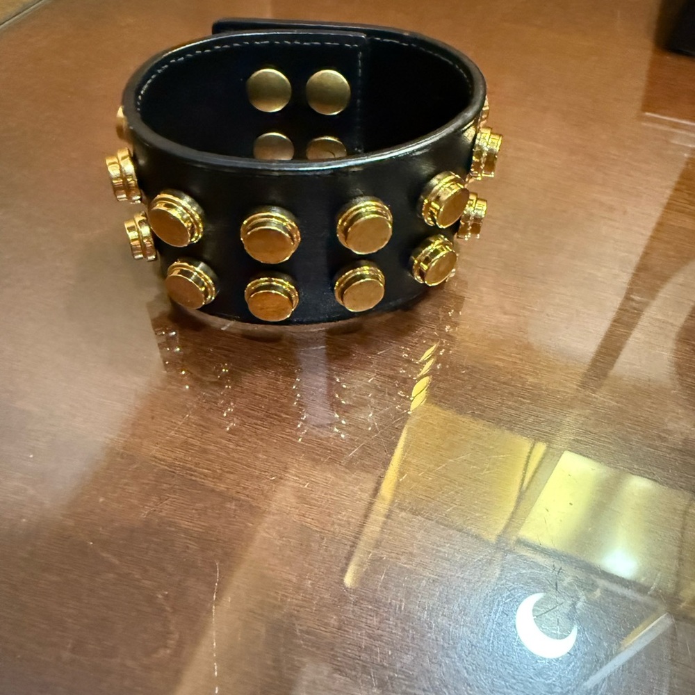 YSL Gold Studded Black Leather Bracelet